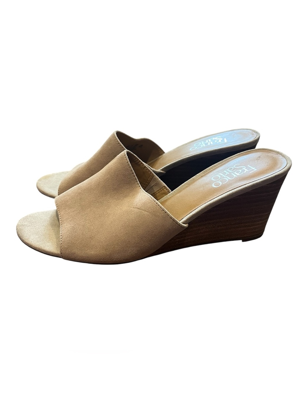 Franco Sarto Beige Suede Open-Toe Wedge Slides